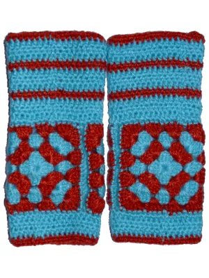 Unique and Beautiful Woollen Floral Design with Sky Blue And Red Handmade Fingerless Gloves