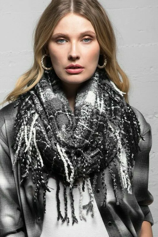 Black & Gray Soft Plaid Knit Infinity Tassel Fringe Scarf Womens