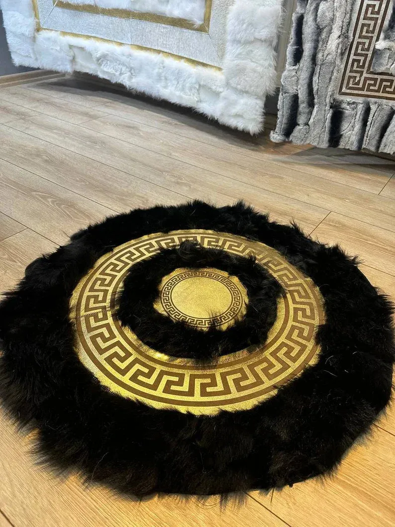 Black Gold Luxury Natural Sheepskin Area Rug, Fluffy Handmade Elegance