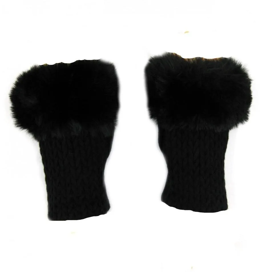 Cashmere Blend Fur Trimmed Fingerless Gloves - Black