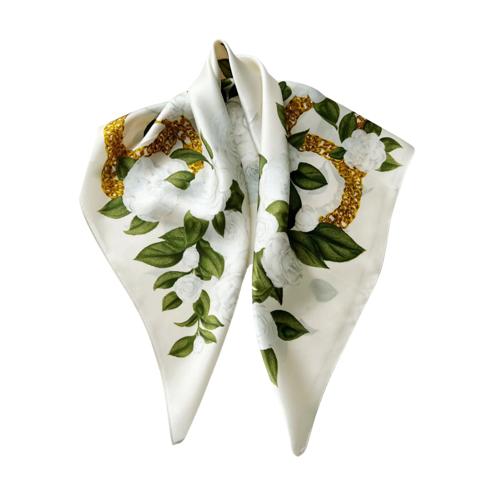 Gilded Blossoms Square Pure Mulberry Silk Scarf Bandana