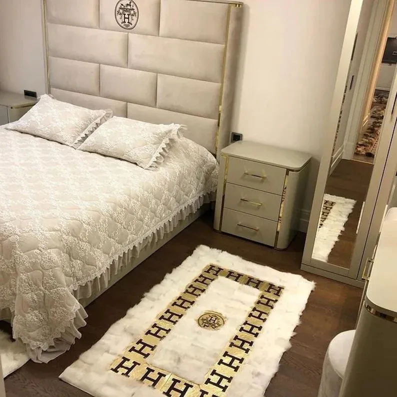 Handmade Soft Fluffy Real Sheepskin White Gold Patchwork Bedroom Rug