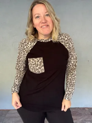 Leopard Raglan Sleeve Top - Black