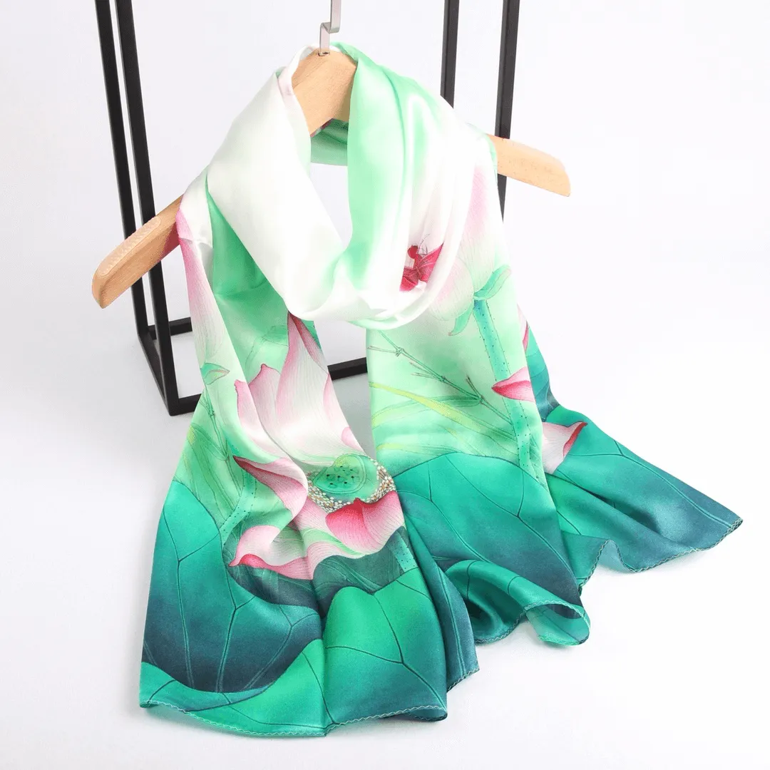 Silk Scarf Collections|Blossom Range|Lotus Design|Green|Long Silk Scarf