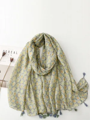 Vintage Summer Wheat Print Tassel Shawl Scarf