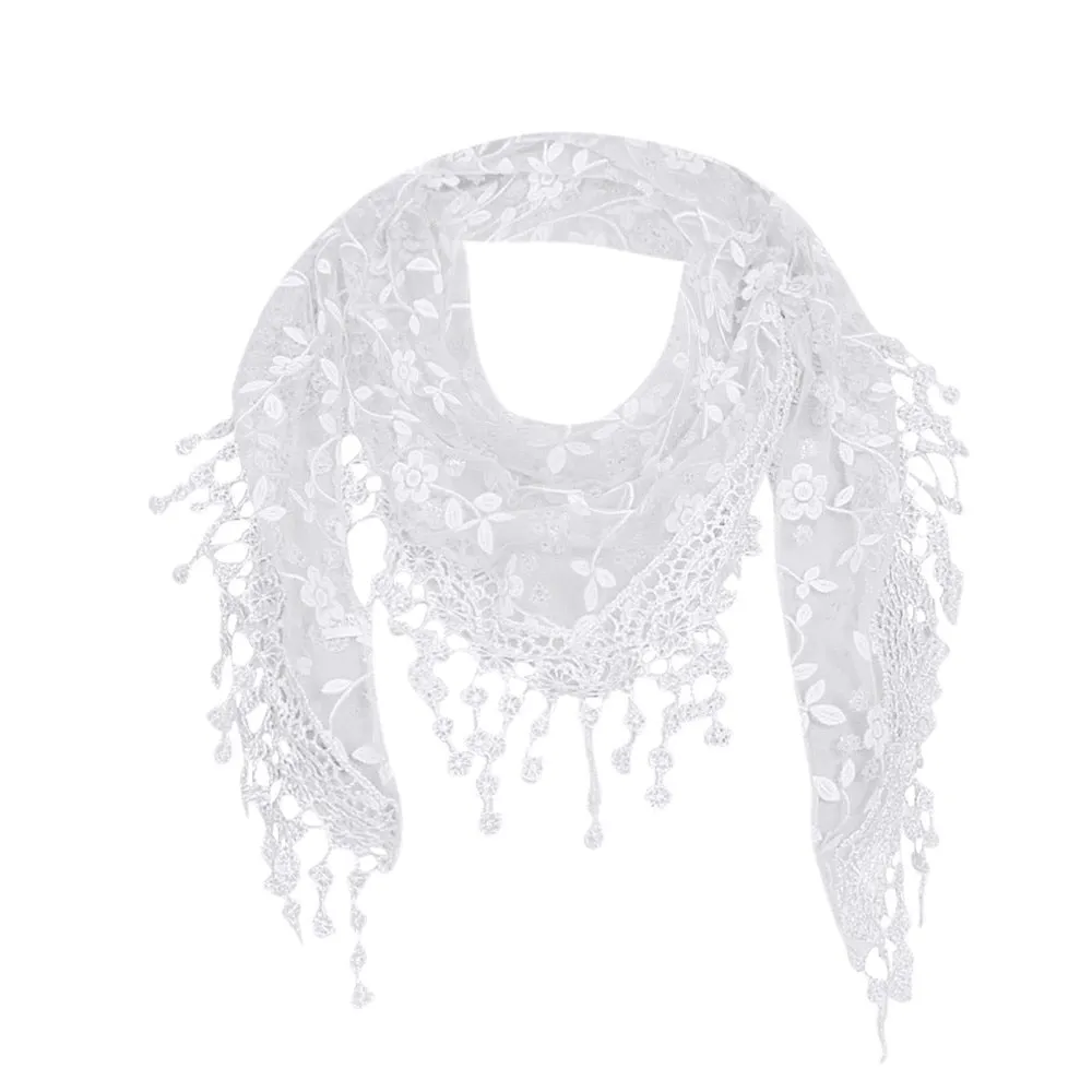 Women Lace Sheer Floral Knit Veil Scarf Hollow Out Crochet Shawl Wraps Tassels Scarves Party Evening Wrap Scarf Ladies