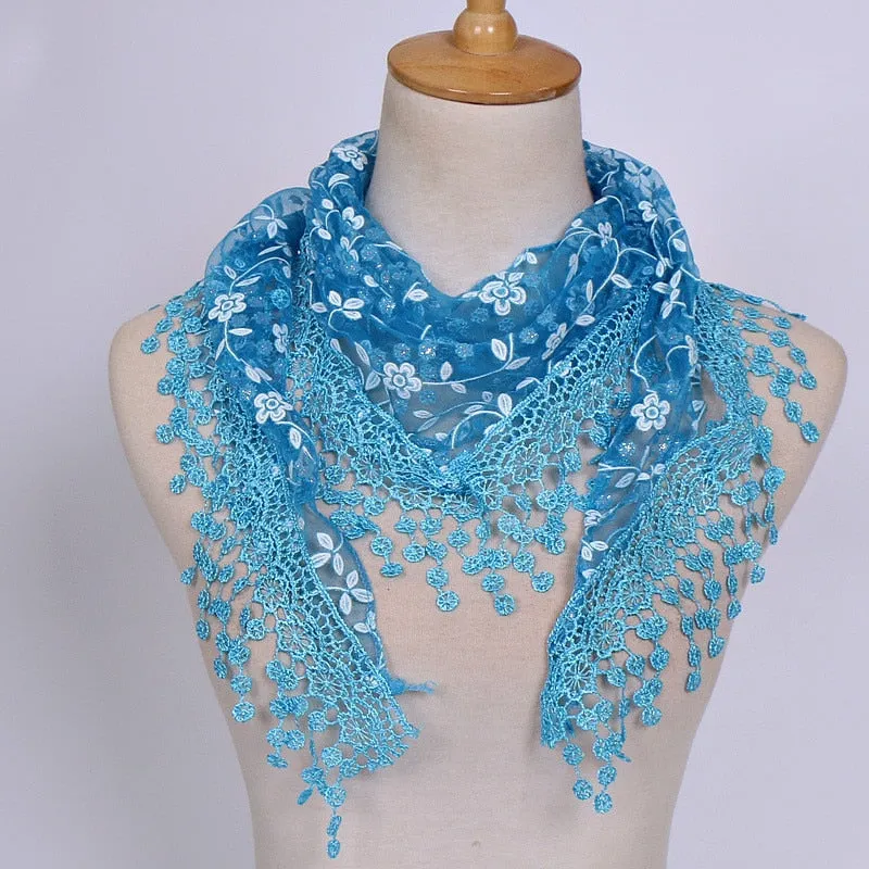 Women Lace Sheer Floral Knit Veil Scarf Hollow Out Crochet Shawl Wraps Tassels Scarves Party Evening Wrap Scarf Ladies