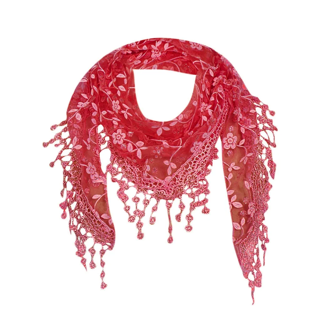 Women Lace Sheer Floral Knit Veil Scarf Hollow Out Crochet Shawl Wraps Tassels Scarves Party Evening Wrap Scarf Ladies